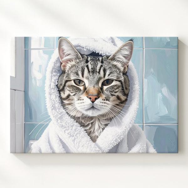 Pampered Tabby Cat in Spa Robe Canvas – Feline Self-Care in Soft Blue Bathroom - Gifitto