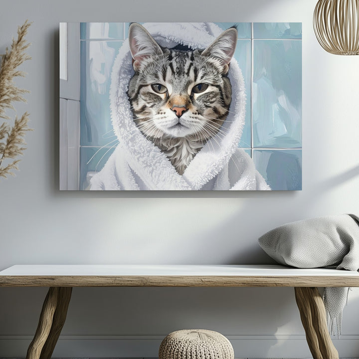 Pampered Tabby Cat in Spa Robe Canvas – Feline Self-Care in Soft Blue Bathroom - Gifitto