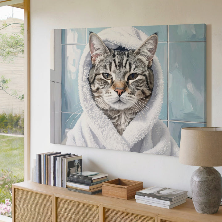 Pampered Tabby Cat in Spa Robe Canvas – Feline Self-Care in Soft Blue Bathroom - Gifitto