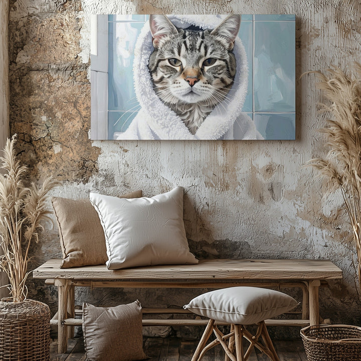 Pampered Tabby Cat in Spa Robe Canvas – Feline Self-Care in Soft Blue Bathroom - Gifitto