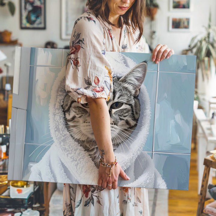 Pampered Tabby Cat in Spa Robe Canvas – Feline Self-Care in Soft Blue Bathroom - Gifitto