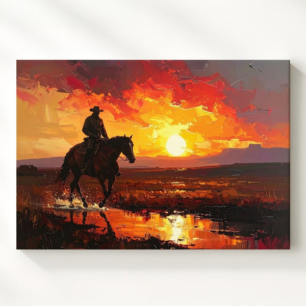 Fiery Horizon Ride Canvas – Lone Cowboy Silhouette at Sunset - Gifitto