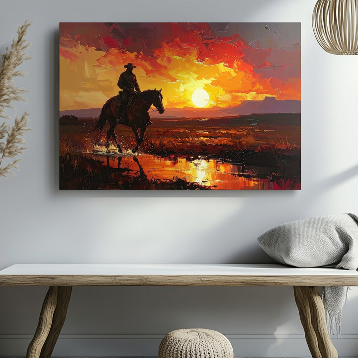Fiery Horizon Ride Canvas – Lone Cowboy Silhouette at Sunset - Gifitto