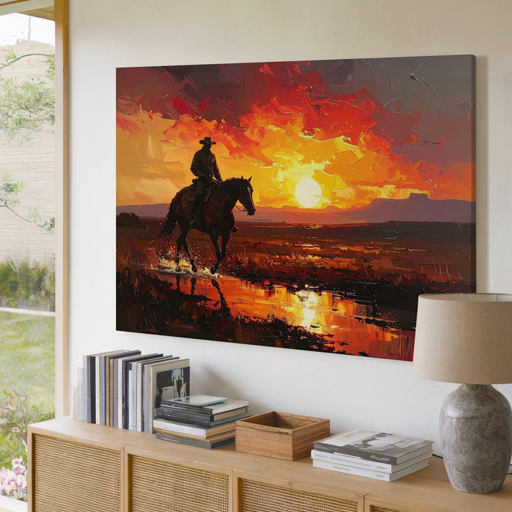 Fiery Horizon Ride Canvas – Lone Cowboy Silhouette at Sunset - Gifitto