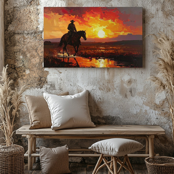 Fiery Horizon Ride Canvas – Lone Cowboy Silhouette at Sunset - Gifitto