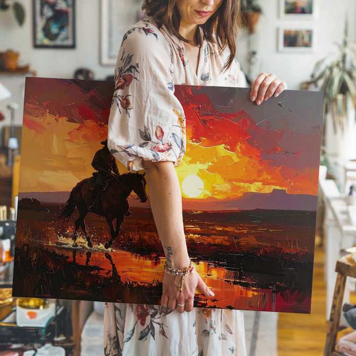 Fiery Horizon Ride Canvas – Lone Cowboy Silhouette at Sunset - Gifitto