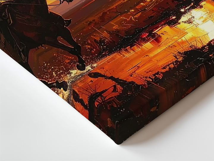 Fiery Horizon Ride Canvas – Lone Cowboy Silhouette at Sunset - Gifitto
