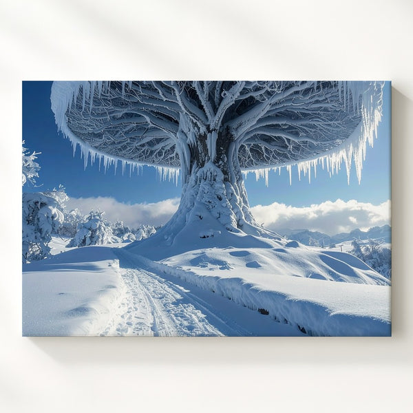 Snow-Crowned Fantasy Tree Canvas – Surreal Winter Landscape Wall Art