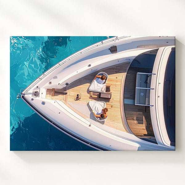 Luxury Yacht Aerial Canvas – Sleek White Boat on Turquoise Ocean Art - Gifitto