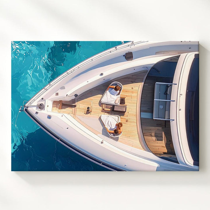 Luxury Yacht Aerial Canvas – Sleek White Boat on Turquoise Ocean Art - Gifitto