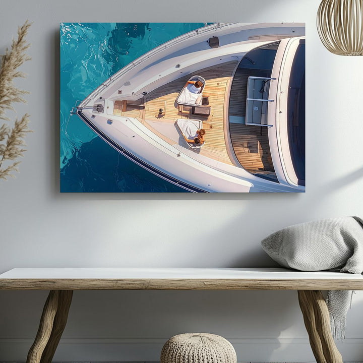 Luxury Yacht Aerial Canvas – Sleek White Boat on Turquoise Ocean Art - Gifitto