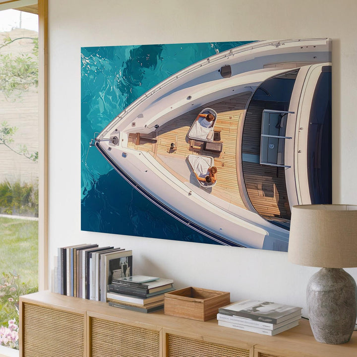 Luxury Yacht Aerial Canvas – Sleek White Boat on Turquoise Ocean Art - Gifitto