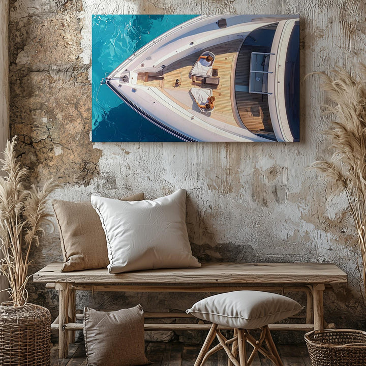 Luxury Yacht Aerial Canvas – Sleek White Boat on Turquoise Ocean Art - Gifitto