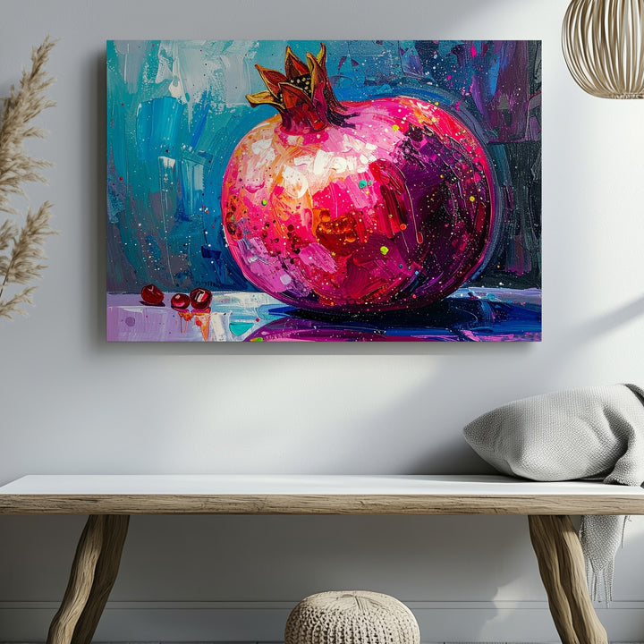 Neon Pomegranate Canvas – Expressionist Fruit Art with Electric Color Burst - Gifitto