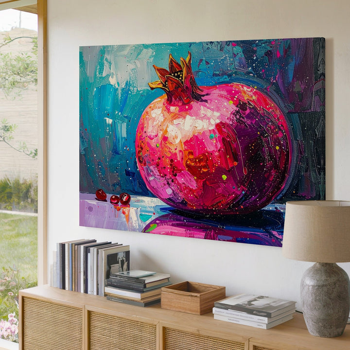 Neon Pomegranate Canvas – Expressionist Fruit Art with Electric Color Burst - Gifitto