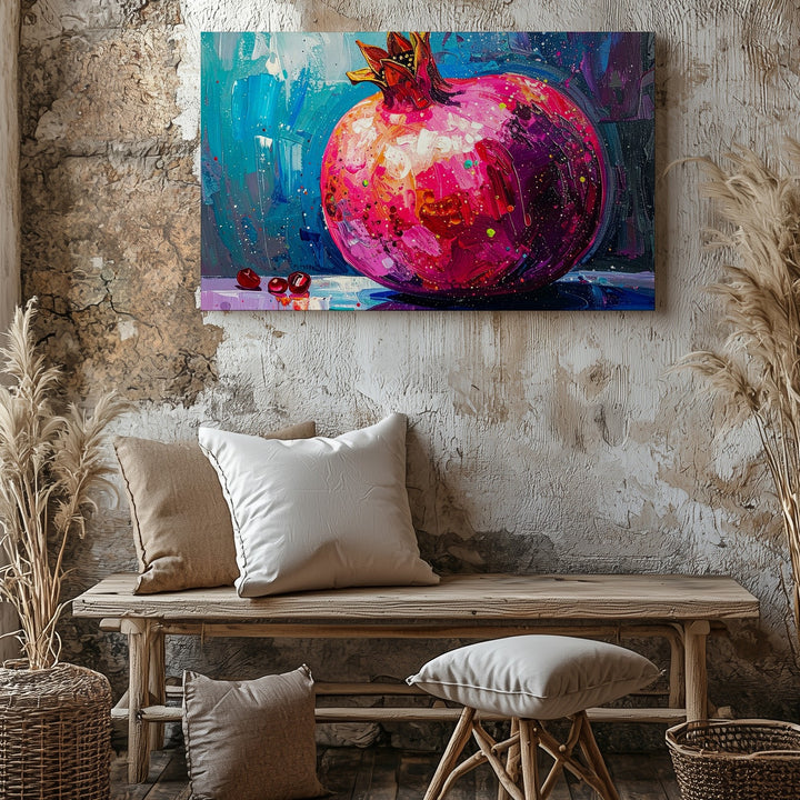 Neon Pomegranate Canvas – Expressionist Fruit Art with Electric Color Burst - Gifitto