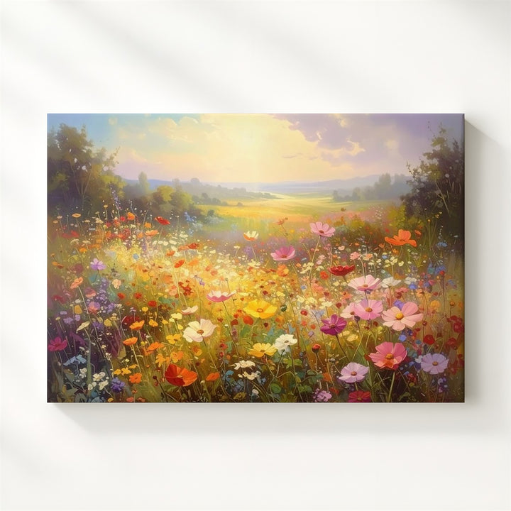 Eternal Bloom Meadow Canvas – Vertical Wildflower Field under Golden Sky - Gifitto
