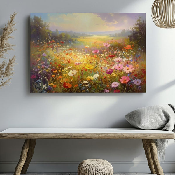 Eternal Bloom Meadow Canvas – Vertical Wildflower Field under Golden Sky - Gifitto