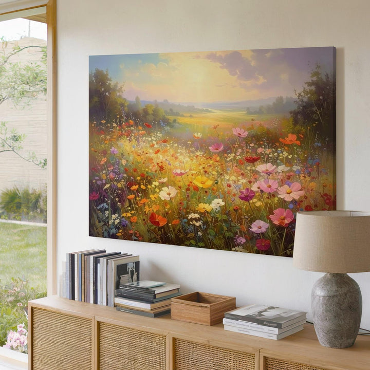 Eternal Bloom Meadow Canvas – Vertical Wildflower Field under Golden Sky - Gifitto
