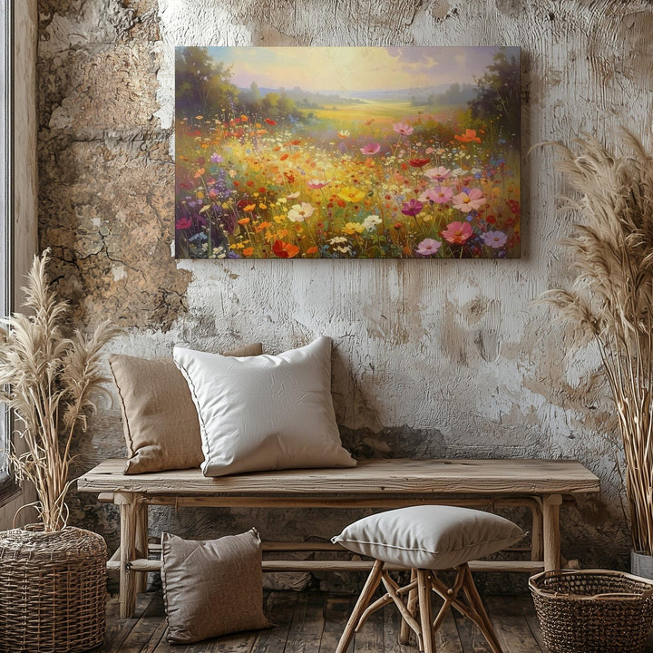 Eternal Bloom Meadow Canvas – Vertical Wildflower Field under Golden Sky - Gifitto