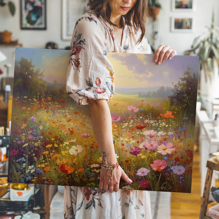 Eternal Bloom Meadow Canvas – Vertical Wildflower Field under Golden Sky - Gifitto