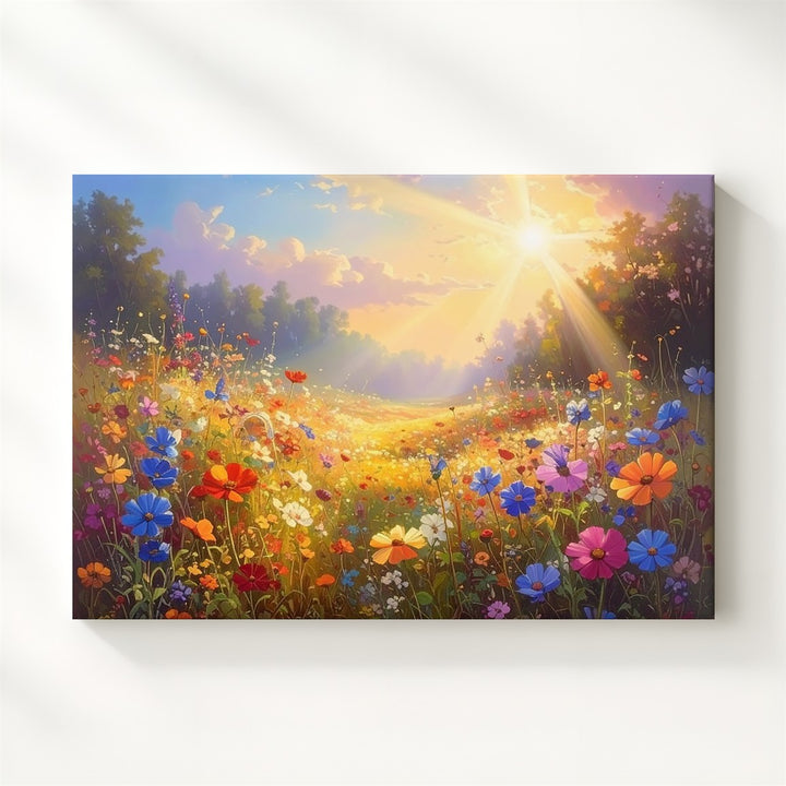 Sunbeam Meadow Canvas – Vertical Wildflower Field with Light & Color - Gifitto