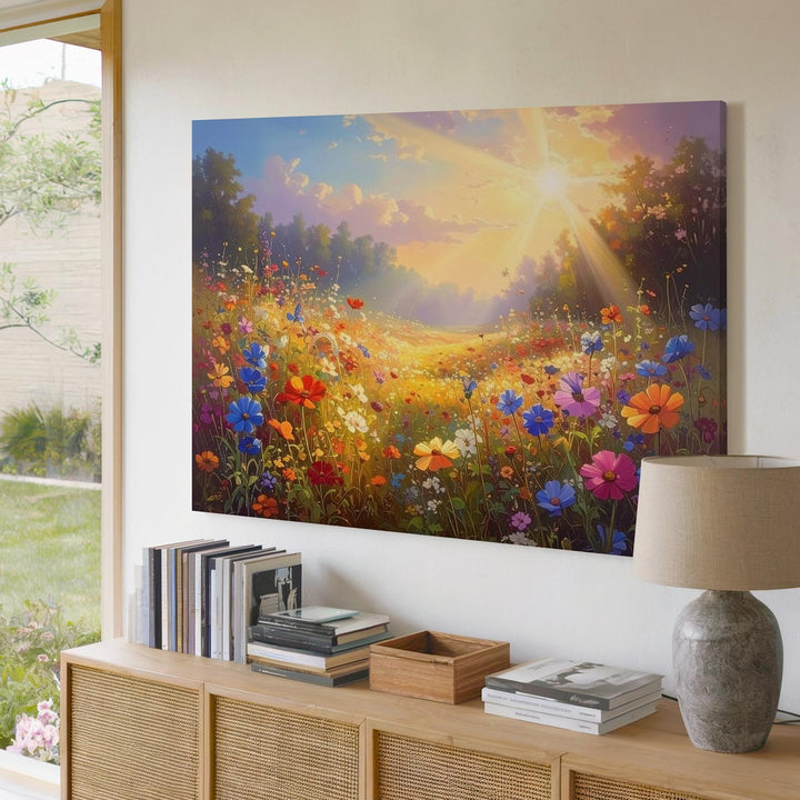 Sunbeam Meadow Canvas – Vertical Wildflower Field with Light & Color - Gifitto