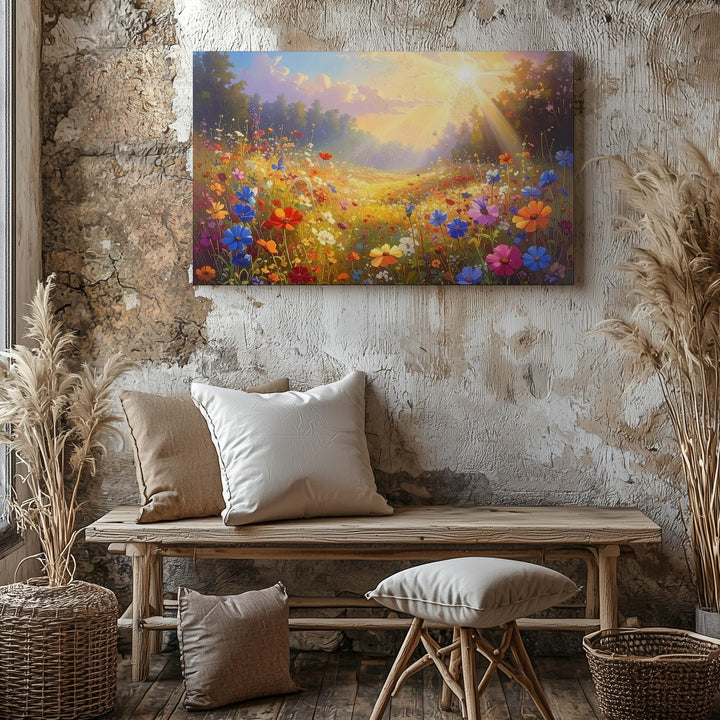 Sunbeam Meadow Canvas – Vertical Wildflower Field with Light & Color - Gifitto