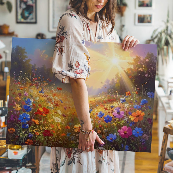 Sunbeam Meadow Canvas – Vertical Wildflower Field with Light & Color - Gifitto