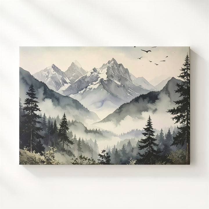 Silent Peaks Canvas – Minimalist Vertical Mountain Scene with Birds & Mist - Gifitto