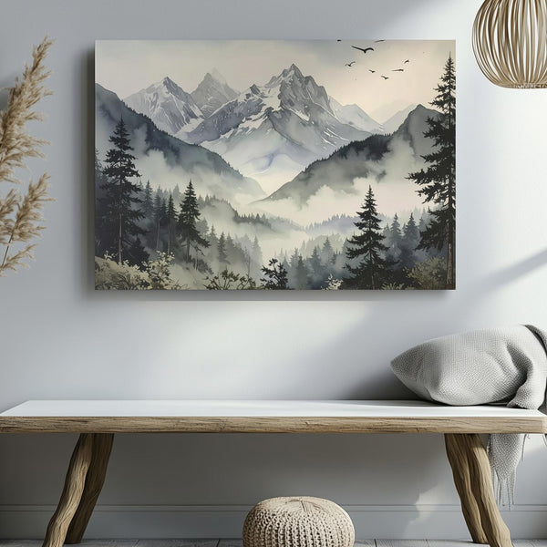Silent Peaks Canvas – Minimalist Vertical Mountain Scene with Birds & Mist - Gifitto