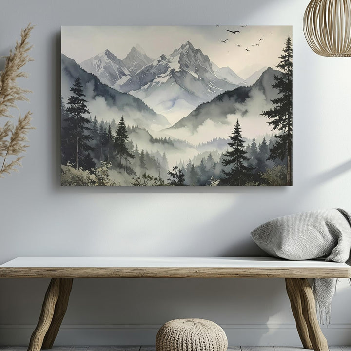 Silent Peaks Canvas – Minimalist Vertical Mountain Scene with Birds & Mist - Gifitto