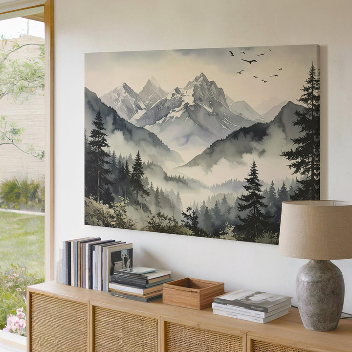 Silent Peaks Canvas – Minimalist Vertical Mountain Scene with Birds & Mist - Gifitto