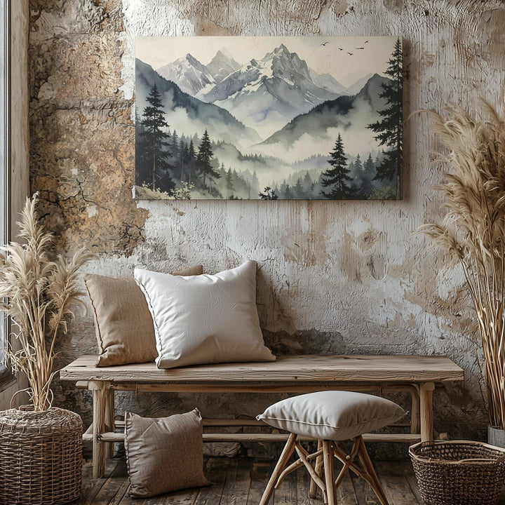 Silent Peaks Canvas – Minimalist Vertical Mountain Scene with Birds & Mist - Gifitto