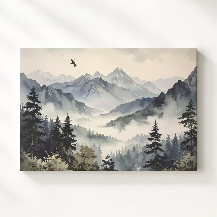 Ethereal Alpine Layers Canvas – Soft Watercolor Mountains with Bird & Mist - Gifitto