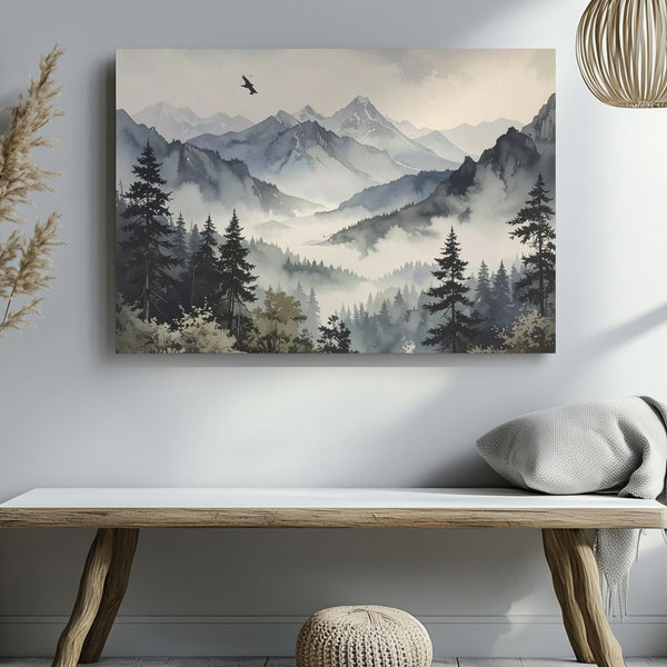 Ethereal Alpine Layers Canvas – Soft Watercolor Mountains with Bird & Mist - Gifitto