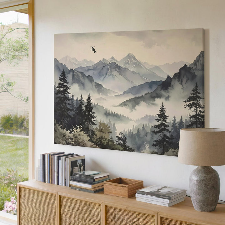 Ethereal Alpine Layers Canvas – Soft Watercolor Mountains with Bird & Mist - Gifitto