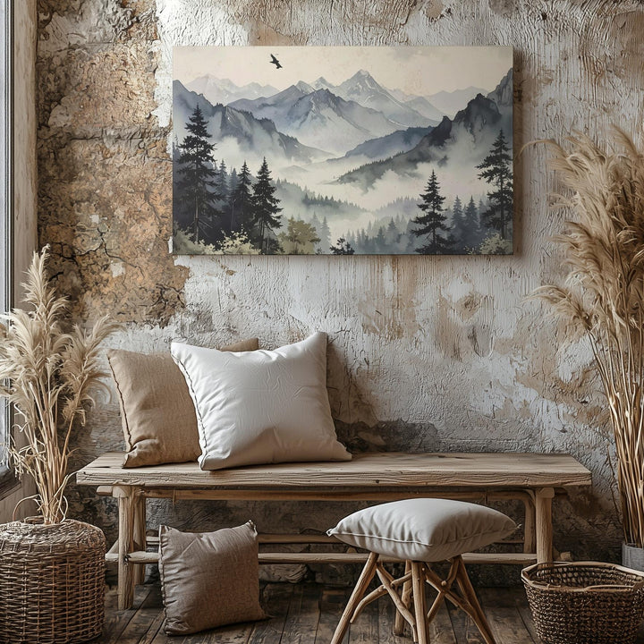 Ethereal Alpine Layers Canvas – Soft Watercolor Mountains with Bird & Mist - Gifitto