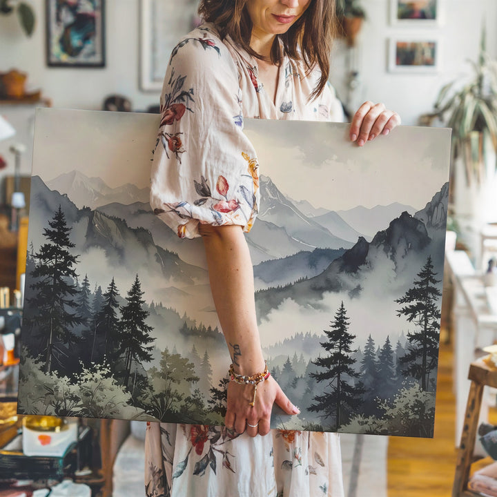 Ethereal Alpine Layers Canvas – Soft Watercolor Mountains with Bird & Mist - Gifitto