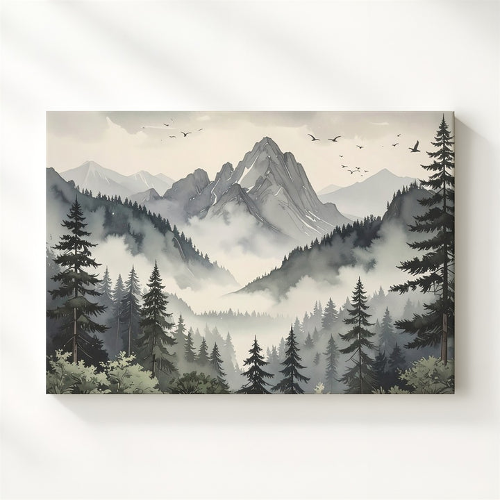Mystic Pines & Peaks Canvas – Foggy Mountain Forest with Birds in Flight - Gifitto