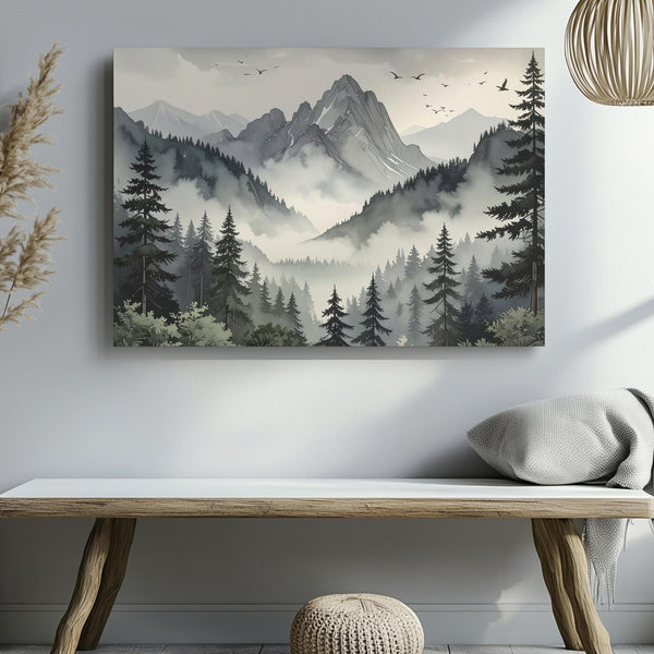 Mystic Pines & Peaks Canvas – Foggy Mountain Forest with Birds in Flight - Gifitto