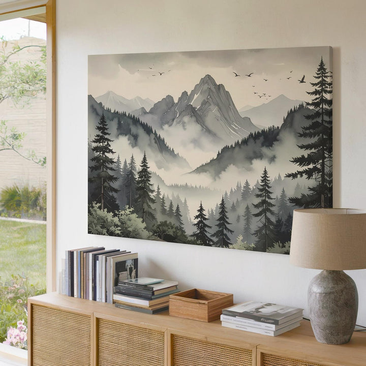 Mystic Pines & Peaks Canvas – Foggy Mountain Forest with Birds in Flight - Gifitto