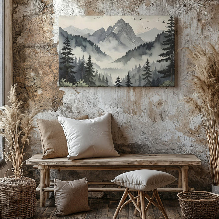 Mystic Pines & Peaks Canvas – Foggy Mountain Forest with Birds in Flight - Gifitto