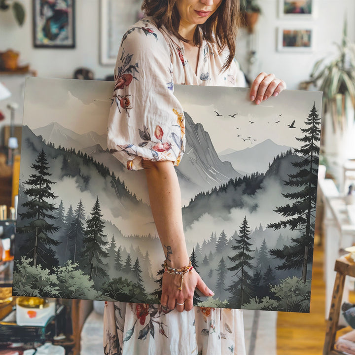 Mystic Pines & Peaks Canvas – Foggy Mountain Forest with Birds in Flight - Gifitto