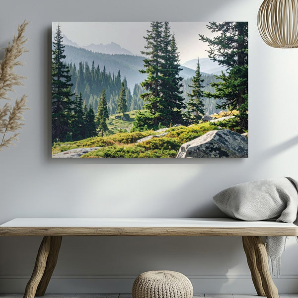 Granite & Green Canvas – Daylight Forested Mountain Scene with Moss and Pines - Gifitto