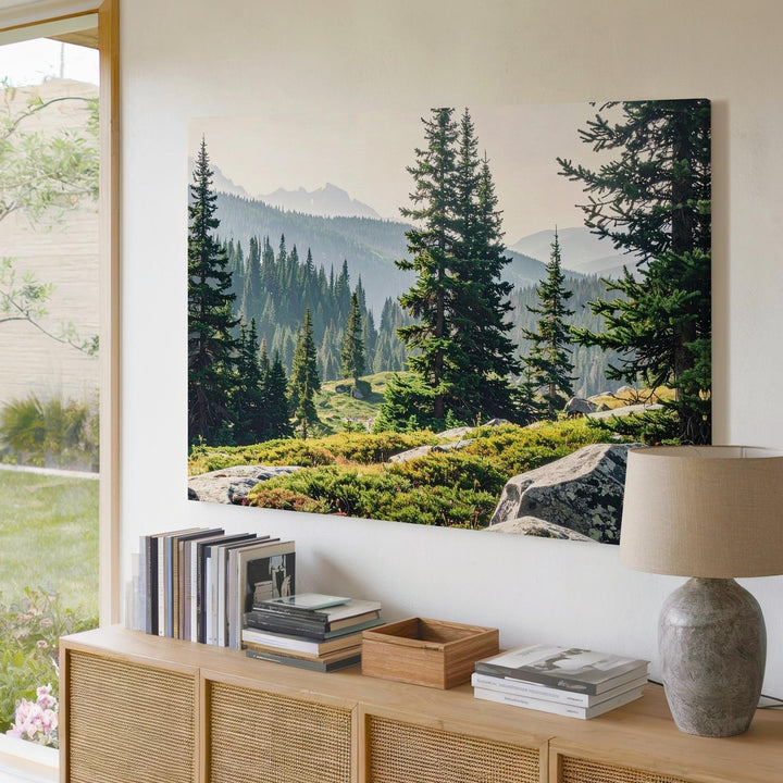 Granite & Green Canvas – Daylight Forested Mountain Scene with Moss and Pines - Gifitto