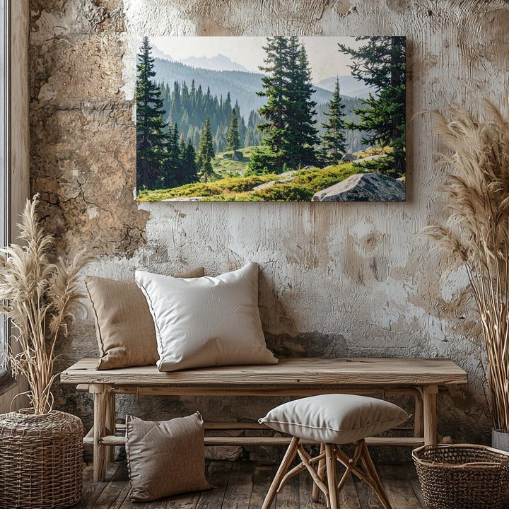 Granite & Green Canvas – Daylight Forested Mountain Scene with Moss and Pines - Gifitto