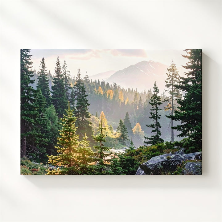 Golden Pines Canvas – Vertical Forest Landscape with Sunlight & Misty Mountains - Gifitto