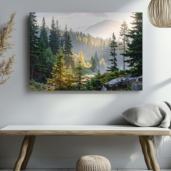 Golden Pines Canvas – Vertical Forest Landscape with Sunlight & Misty Mountains - Gifitto