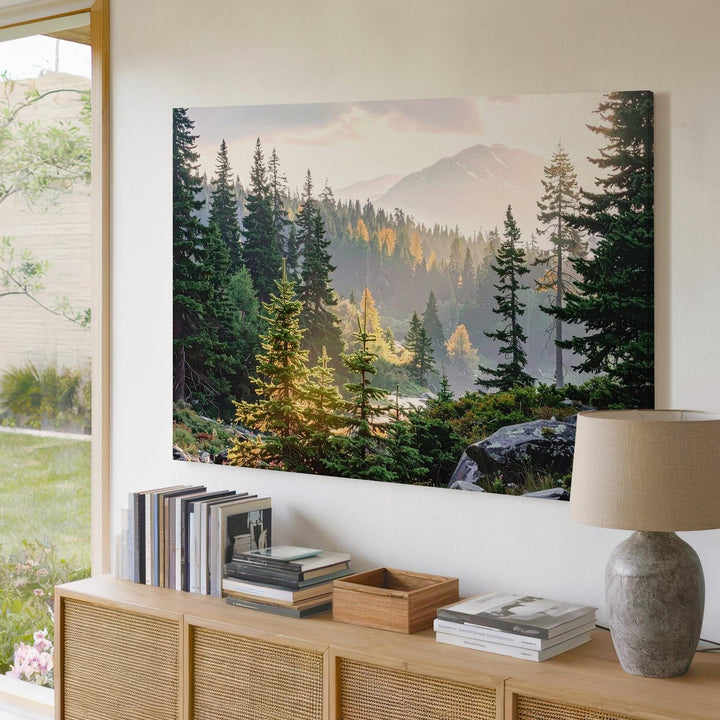 Golden Pines Canvas – Vertical Forest Landscape with Sunlight & Misty Mountains - Gifitto